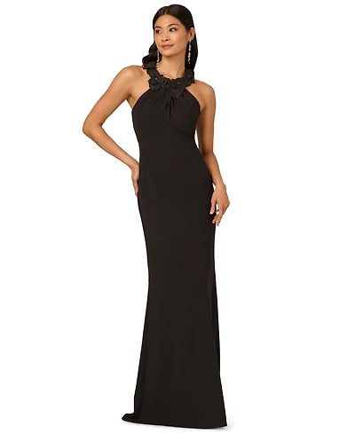 Adrianna Papell Petite Embellished Rosette Halter Gown