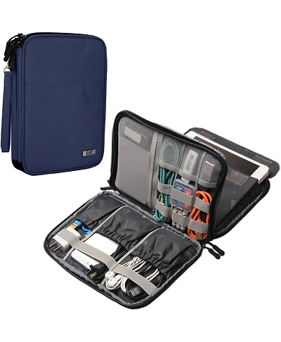 Bubm Dark Blue Medium Electronics Organizer Bag - Double Layer Travel Case for iPad Mini, Power Banks, Cables, Usb Drives & Earphones