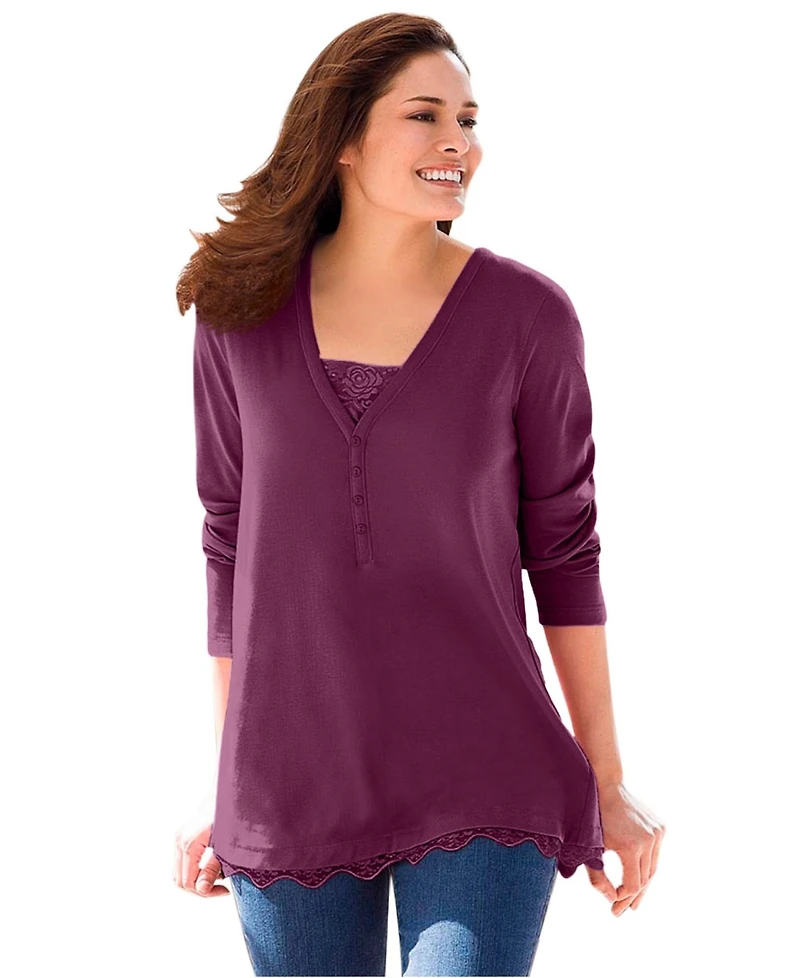 Woman Within Plus Layered-Look Lace Trim Tee