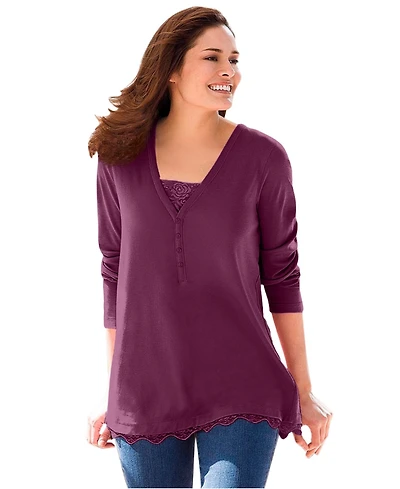 Woman Within Plus Layered-Look Lace Trim Tee