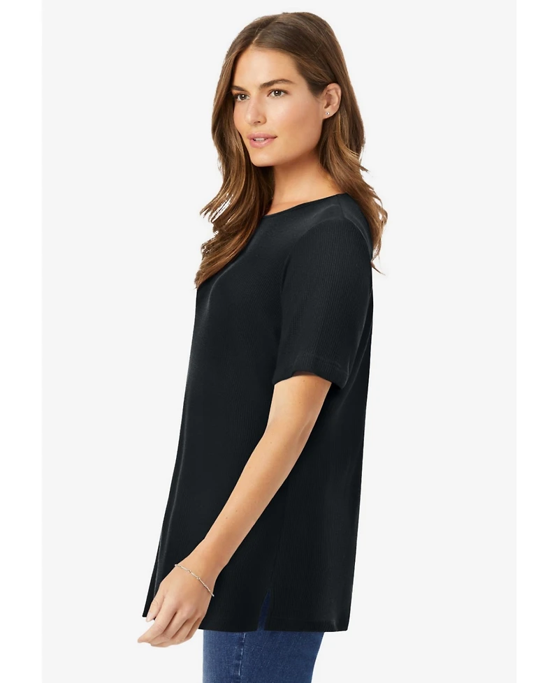Woman Within Women's Waffle Thermal Satin Trim Tee
