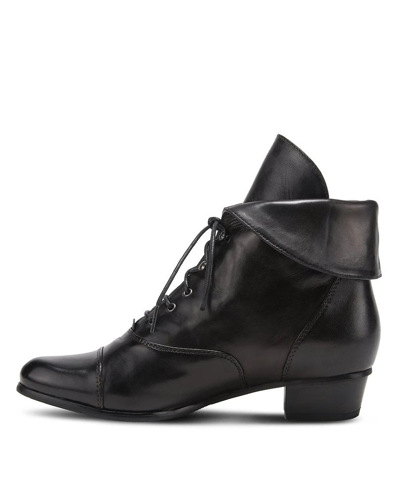Spring Step Galil Polished Leather Lace-Up Bootie with Fold-Over Cuff and Stacked Heel