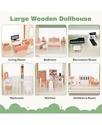 Wooden Corner Dollhouse Playset with 6 Rooms and 36 Pieces for Kids 3+ Years Old