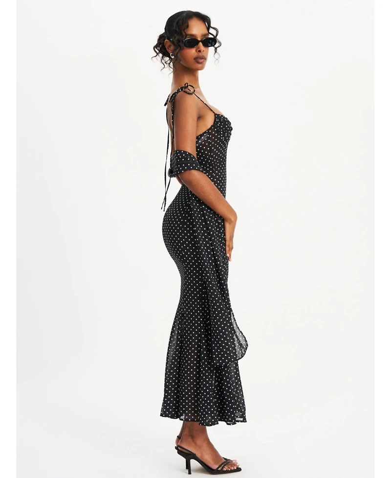 Miss Circle Women's Yadira Black Base Polka Dot Chiffon Maxi Dress