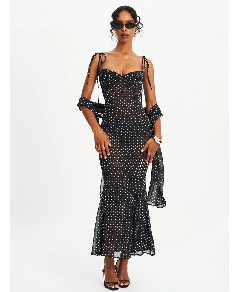 Miss Circle Women's Yadira Black Base Polka Dot Chiffon Maxi Dress
