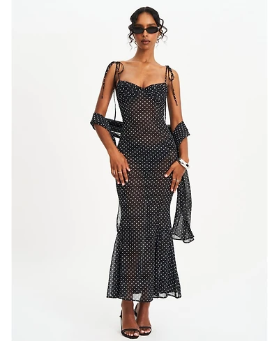 Miss Circle Women's Yadira Black Base Polka Dot Chiffon Maxi Dress
