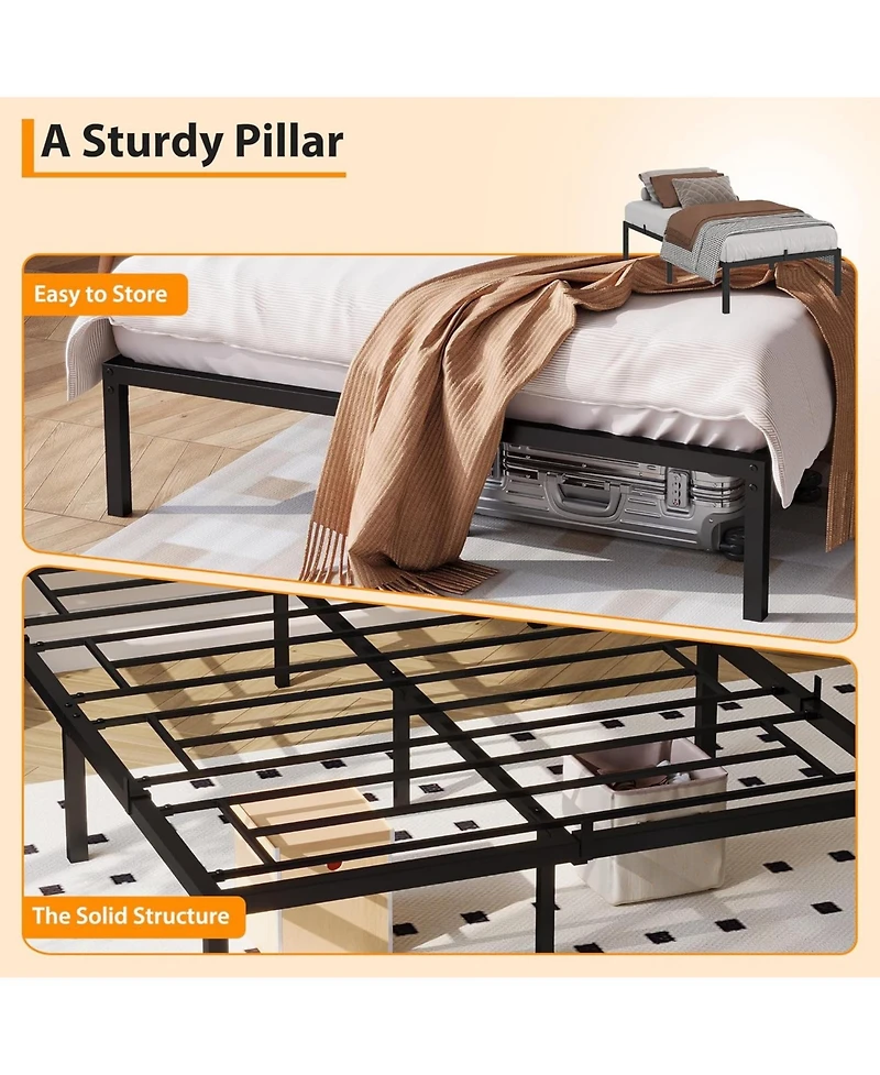 14 Inch Metal Queen Bed Frame with Rounded Corner, Heavy Duty Non-Slip Bed Frame with Steel Slats, No Box Spring Required Noise-Free Easy Assembly, 9-