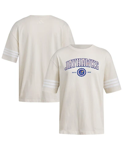 Adidas Women's Cream Kansas Jayhawks Fashion Three-Stripes Oversized T-Shirt