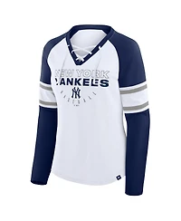 Fanatics Women's White/Navy New York Yankees Blitz Package Raglan Lace-Up V-Neck Long Sleeve T-Shirt