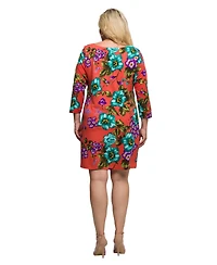 24seven Comfort Apparel Plus Orange Floral Print Three Quarter Sleeve A Line Knee Length Dress