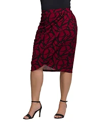 24seven Comfort Apparel Plus Burgundy Print Ruched Knee Length Skirt