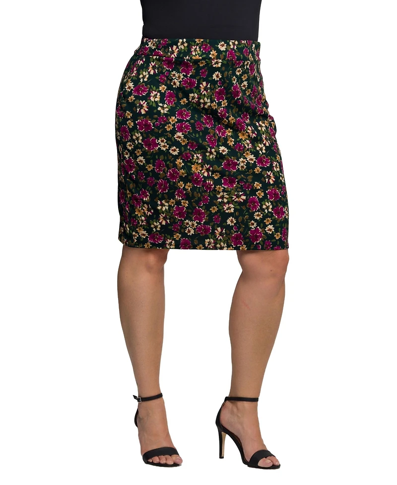 24seven Comfort Apparel Plus Floral Print Knee Length Pencil Skirt