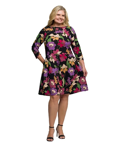 24seven Comfort Apparel Plus Black Multicolor Floral Fit and Flare Pocket Knee Length Dress