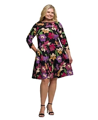 24seven Comfort Apparel Plus Black Multicolor Floral Fit and Flare Pocket Knee Length Dress
