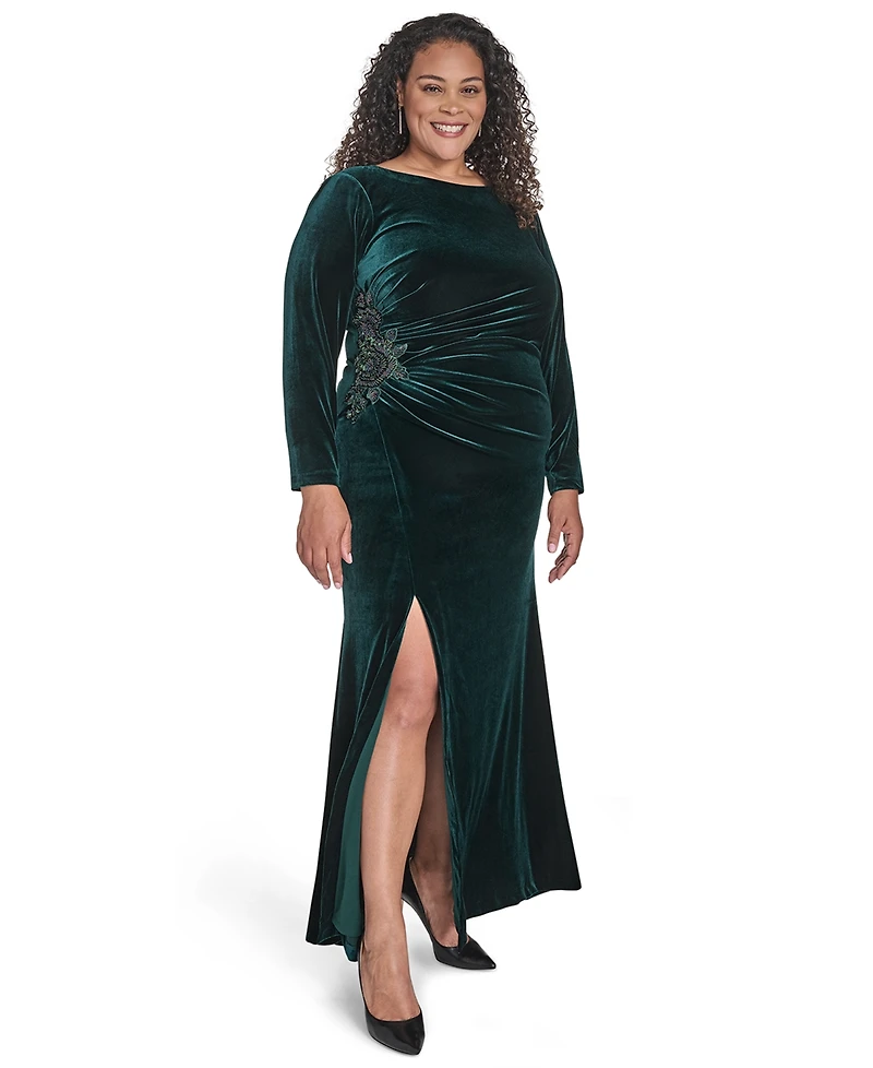 Eliza J Plus Side Ruched Jewel Neck Long Gown