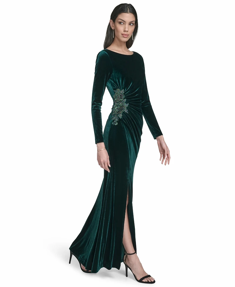 Eliza J Petite Side Ruched Long Sleeve Gown