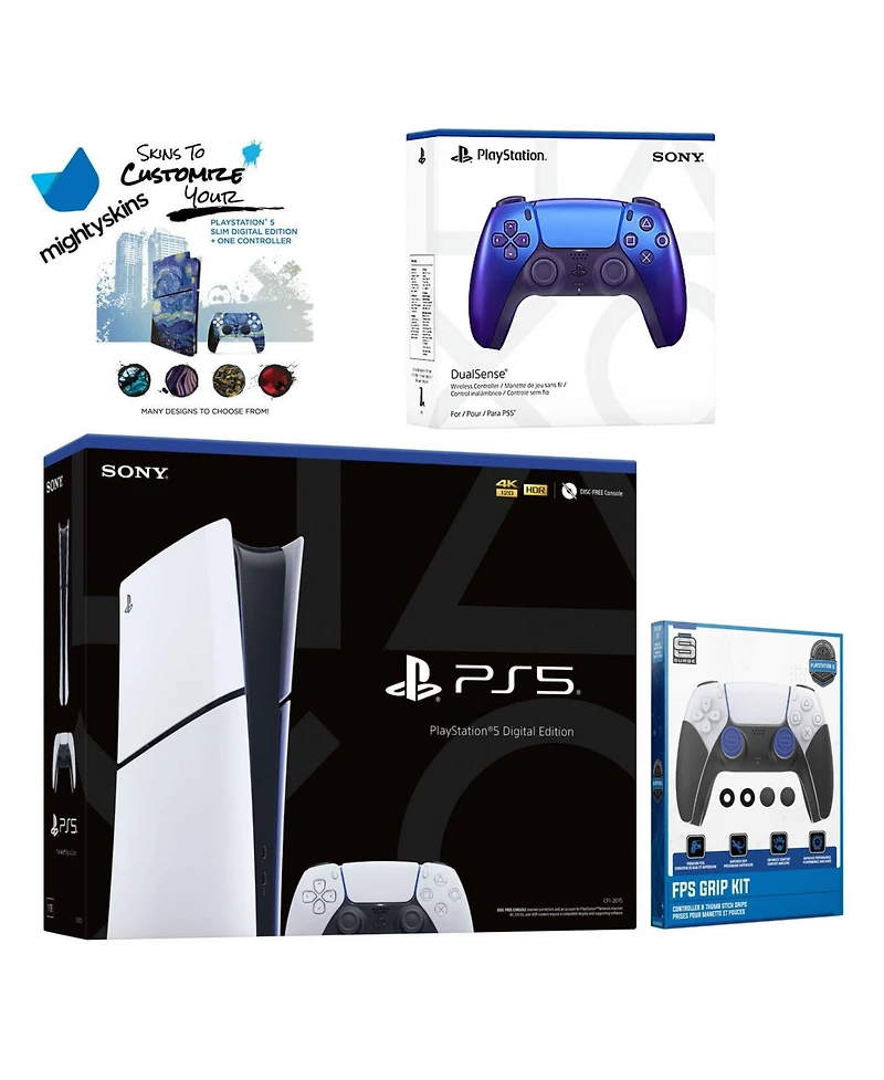 Sony Playstation 5 Slim Digital with Extra Chroma Indigo Controller, Fps Grip Kit and MightySkins Decal Voucher + 1 Year Cps Extended Warranty