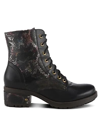 L Artiste Women s Marty-met Lace-Up Floral Metallic Boots with Faux Snakeskin Texture and Embossed Heel