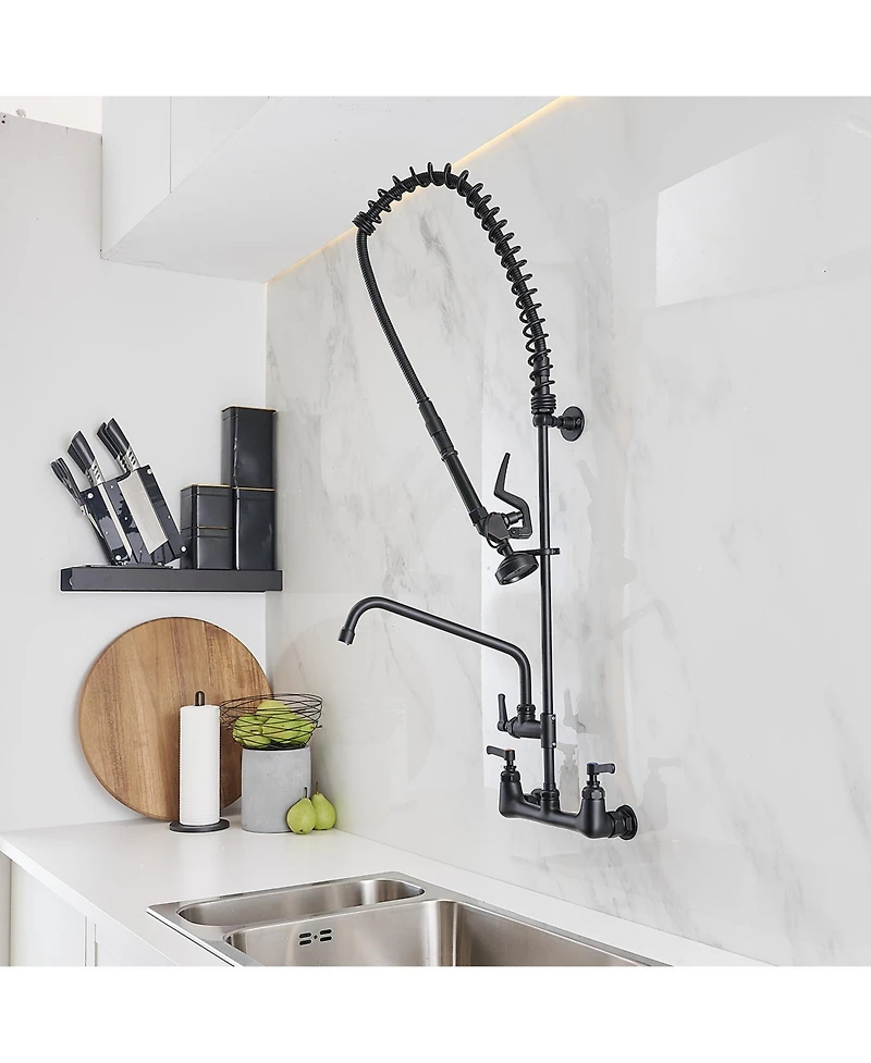 Greenspring Commercial Restaurant Pull Down 2-Handle Wall Mount Pre-Rinse Spray Utility Kitchen Faucet Matte Black