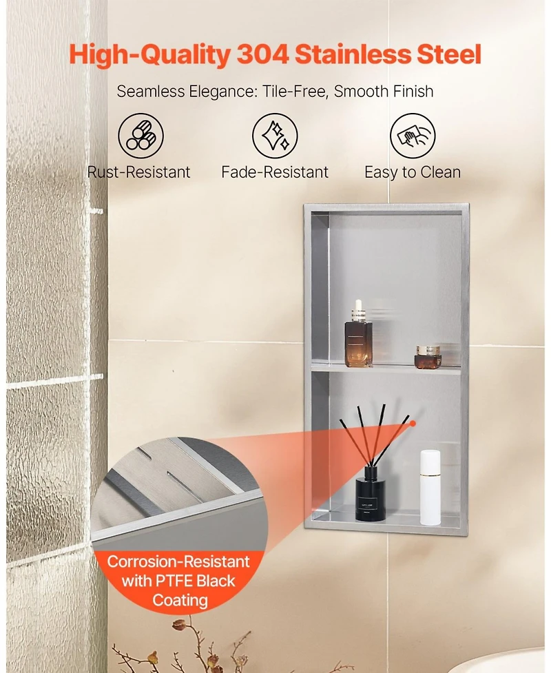 Slickblue Stainless Steel Shower Niche Recessed Wall Shelf for Bathroom Storage