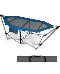 Gymax Folding Hammock Indoor & Outdoor with Side Pocket Iron Stand