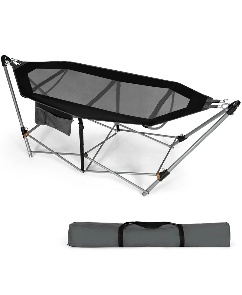 Gymax Folding Hammock Indoor & Outdoor with Side Pocket Iron Stand