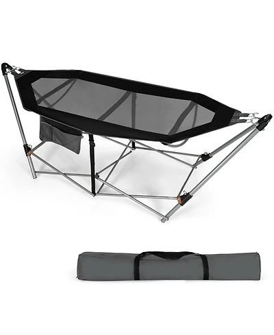 Gymax Folding Hammock Indoor & Outdoor with Side Pocket Iron Stand
