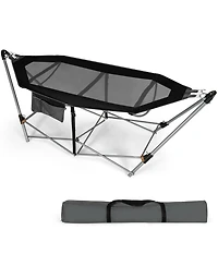Gymax Folding Hammock Indoor & Outdoor with Side Pocket Iron Stand