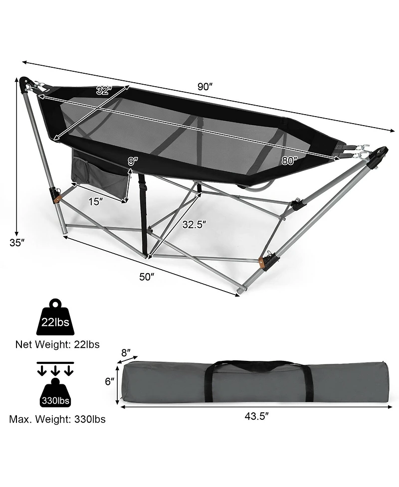 Gymax Folding Hammock Indoor & Outdoor with Side Pocket Iron Stand
