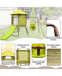 4-in-1 Swing Set with Covered Playhouse Fort and Height Adjustable Baby Seat