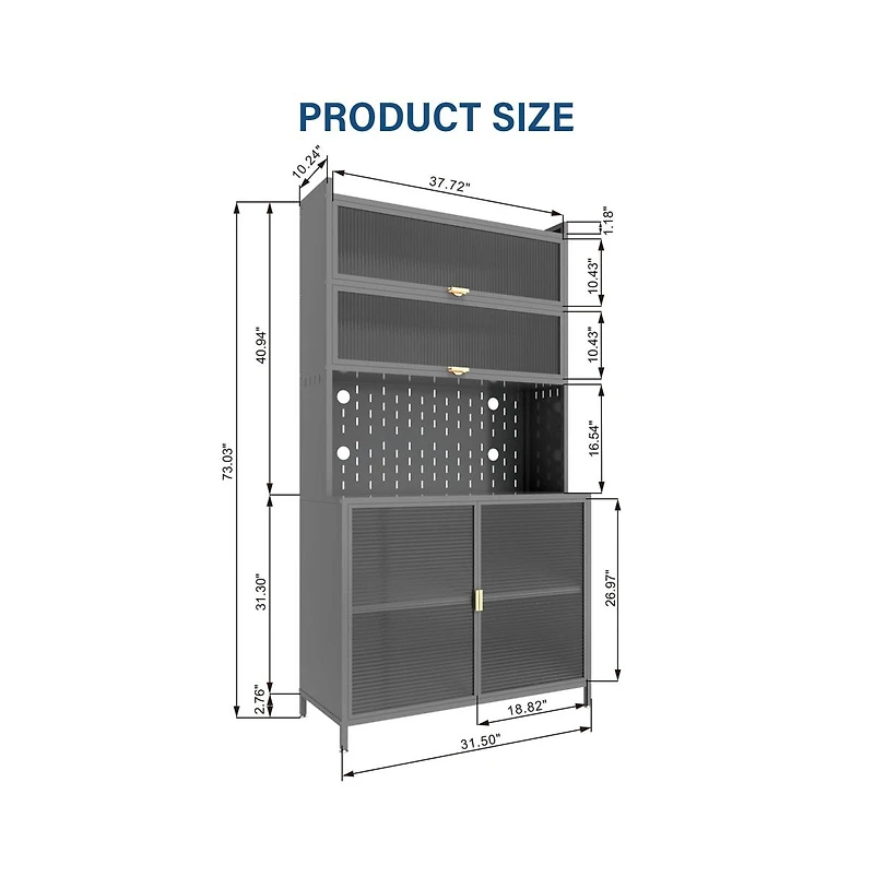 Chic Crate 73'' Tall 6-Level Flip-Door Pegboard Metal Pantry Cabinet(Grey) Anti-Tip Hutch for Kitchen/Dining/Living Room