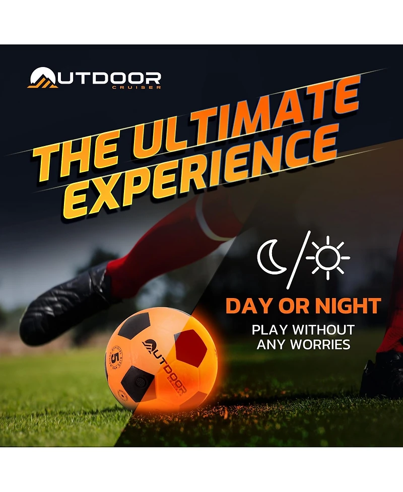 Lifemaster Enjoy glowing soccer fun with the Outdoor Cruiser Light Up Soccer Ball! Waterproof, tap-activated, and glows for up to 30 hours. Includes p