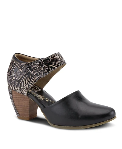 L'Artiste Women's Toolie Hand-Painted Leather D'Orsay Mary Jane Heels with Tooled Details, Hook-and-Loop Strap, Padded Collar, and Stacked Heel