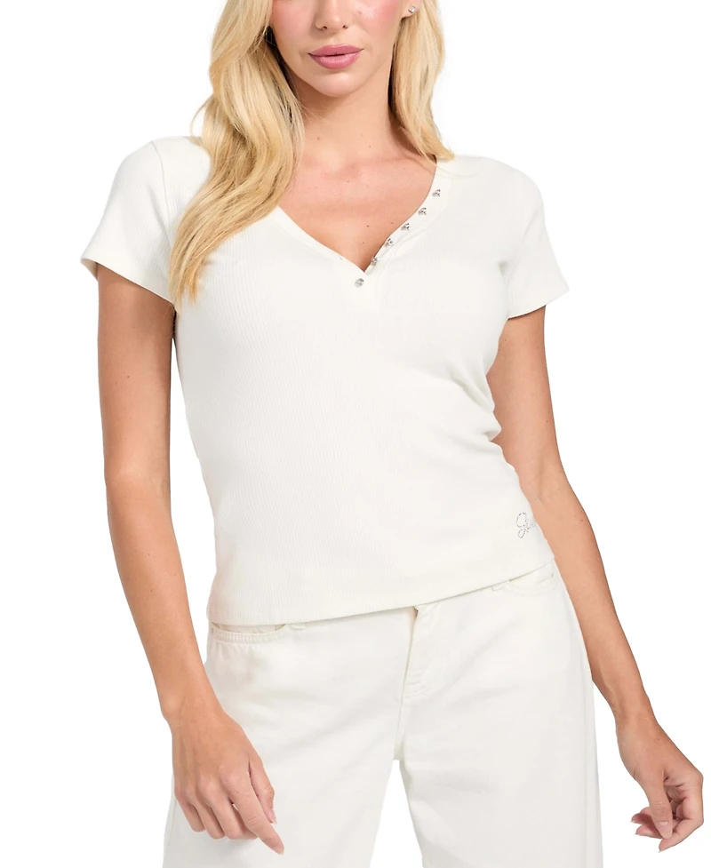 Guess Women's Henley Neck Short Sleeve Top