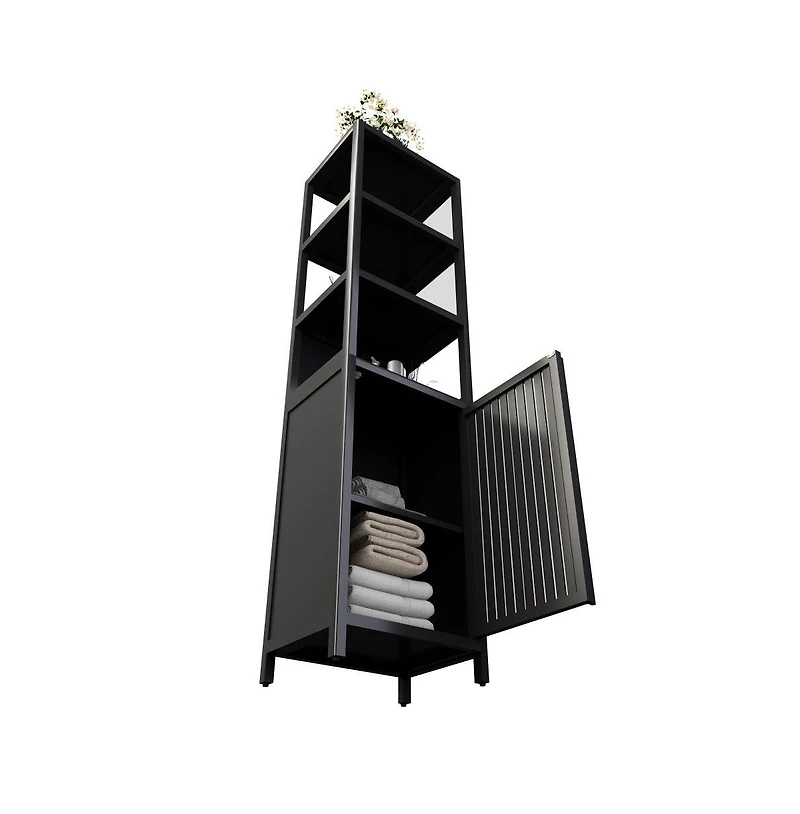 Chic Crate Black Slim Tall Cabinet Shutter Door +3 Tier Shelves | Freestanding Linen Tower | Bathroom/Kitchen/Living Room | Bamboo