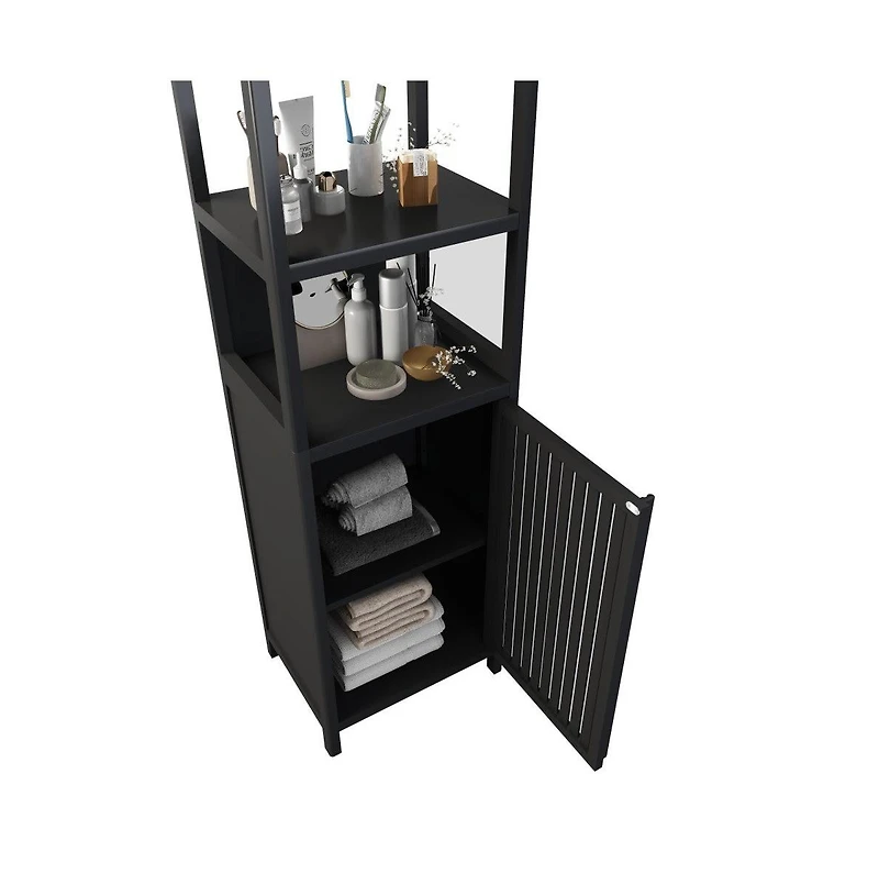 Chic Crate Black Slim Tall Cabinet Shutter Door +3 Tier Shelves | Freestanding Linen Tower | Bathroom/Kitchen/Living Room | Bamboo