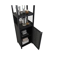Chic Crate Black Slim Tall Cabinet Shutter Door +3 Tier Shelves | Freestanding Linen Tower | Bathroom/Kitchen/Living Room | Bamboo