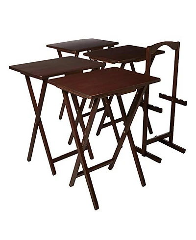Pj Wood Folding Tv Tray Tables with Compact Storage Rack, Walnut, 5 Piece Set