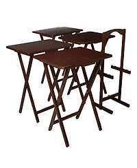 Pj Wood Folding Tv Tray Tables with Compact Storage Rack, Walnut, 5 Piece Set