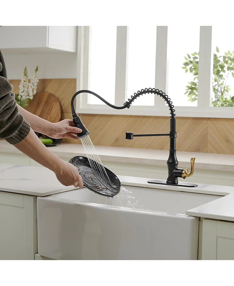 Greenspring Single-Handle Pull-Down Sprayer 3 Spray High Arc Kitchen Faucet With Deck Plate in Matte Black & Gold