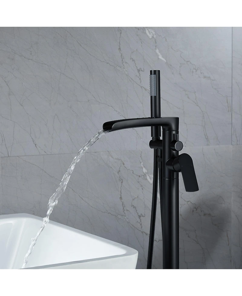 Greenspring Single-Handle Freestanding Floor Mount Roman Tub Faucet Bathtub Filler with Hand Shower in Matte Black