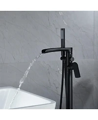 Greenspring Single-Handle Freestanding Floor Mount Roman Tub Faucet Bathtub Filler with Hand Shower in Matte Black