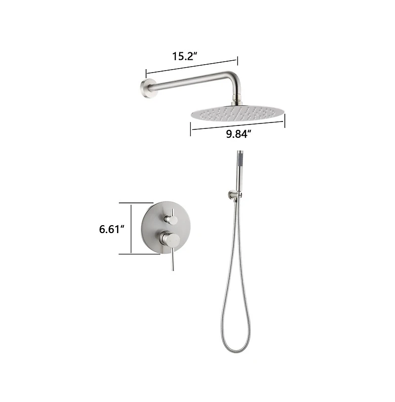 Rainsken Wall Mounted Round Shower Combo Set with 10" Rain Shower Head and Handheld Shower Head Set with Pressure Balancing Valve, Silver