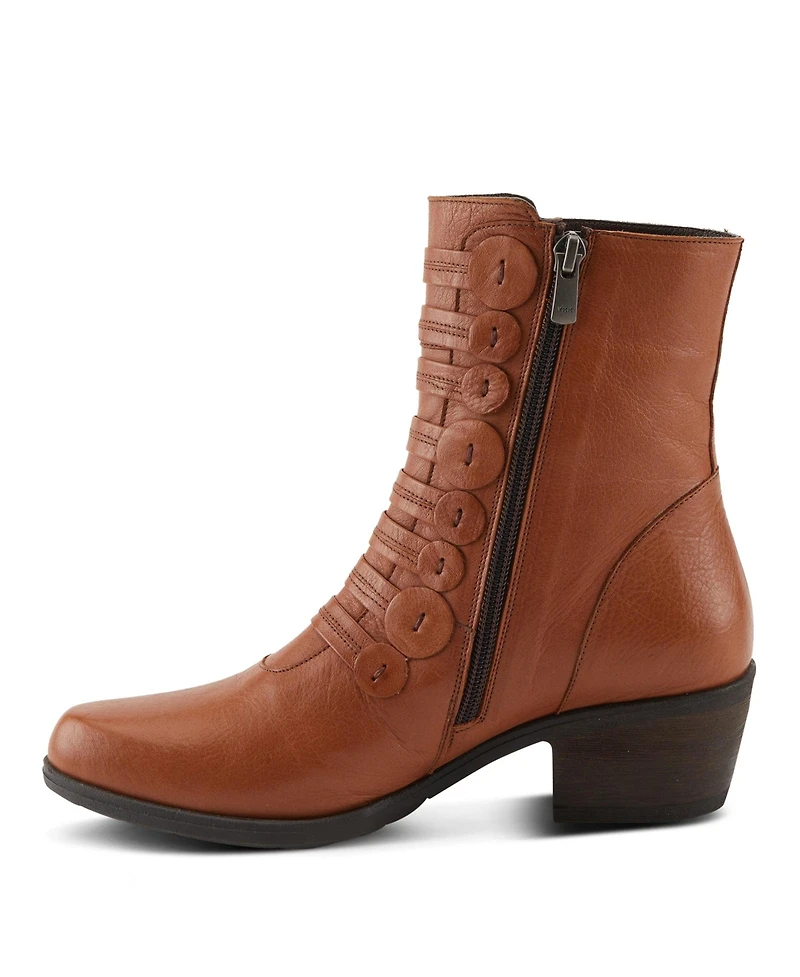 Spring Step Garibaldi Leather Mid Boot with Decorative Lace and Button Detail on Block Heel