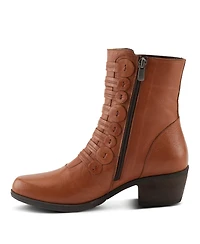 Spring Step Garibaldi Leather Mid Boot with Decorative Lace and Button Detail on Block Heel