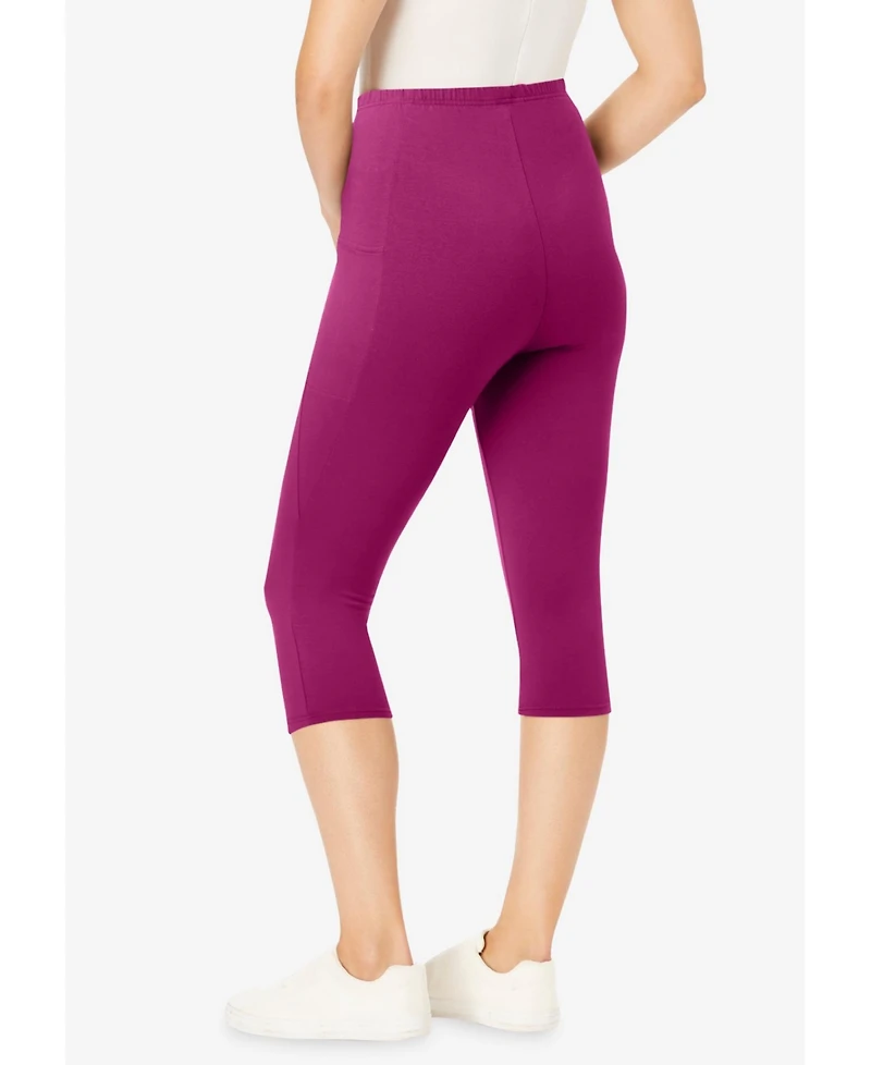 Woman Within Plus Stretch-Cotton Knit Pull-On Pocket Capri Leggings