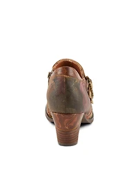 L Artiste Women s Graphic Handpainted Floral Leather Shooties with Antique Buckle and Stacked Heel