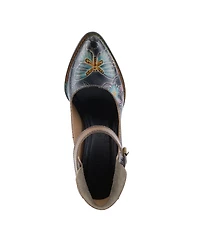 L Artiste Women s Foxglove Leather Pumps with Floral Butterfly Art, Ankle Strap, and Stacked Western Heel