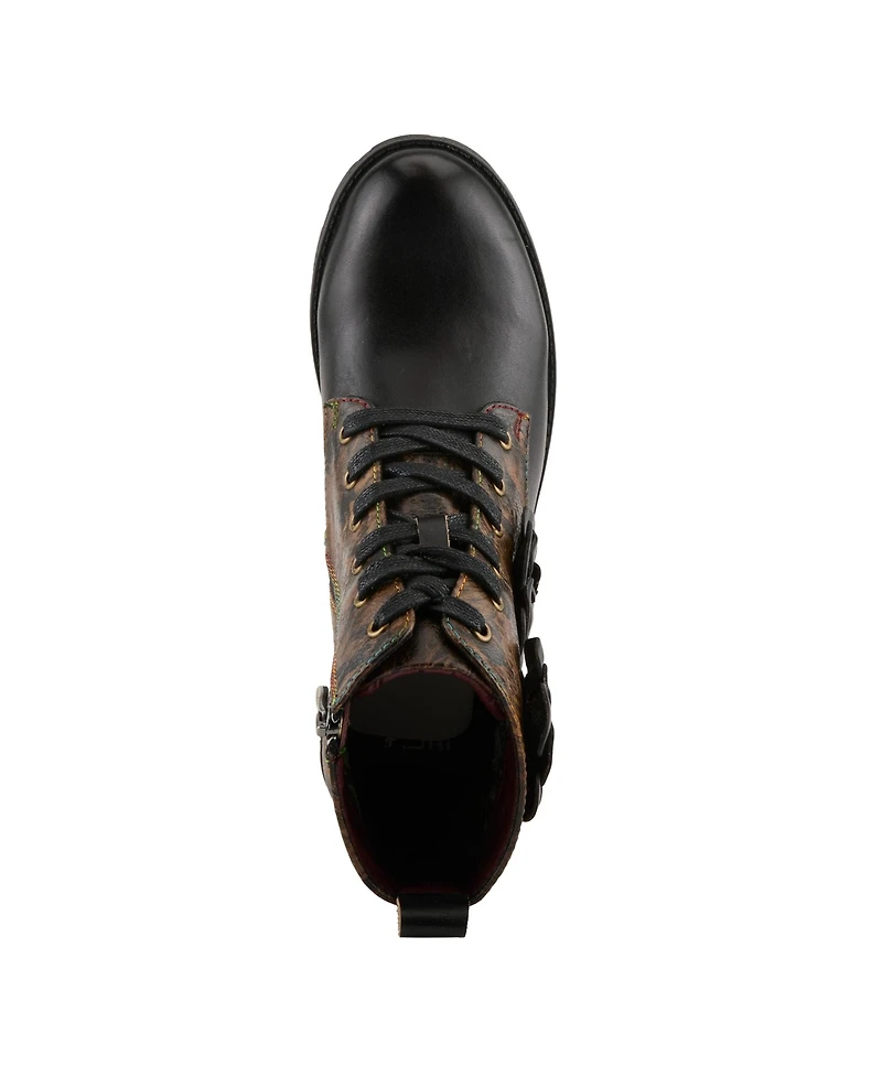 L'Artiste Women's Martinela Floral Applique Leather Boot with Rainbow Stitching and Lace-Up Detail
