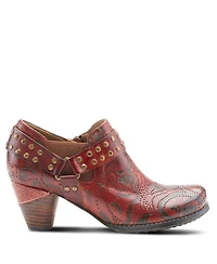 L'Artiste Women's Kacielou Western Shooties with Hand-Painted Leather, Studded Ankle Strap, Elastic Goring, and Cone Heel – Burnished Embossed Booties